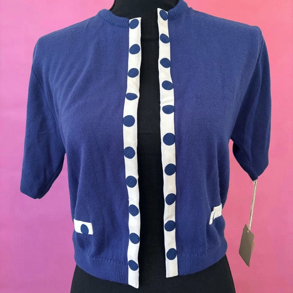 Vintage Deadstock NWT 1960’s Blue & White Short-Sleeve Mod Bolero Cardigan AS IS - Picture 3 of 10